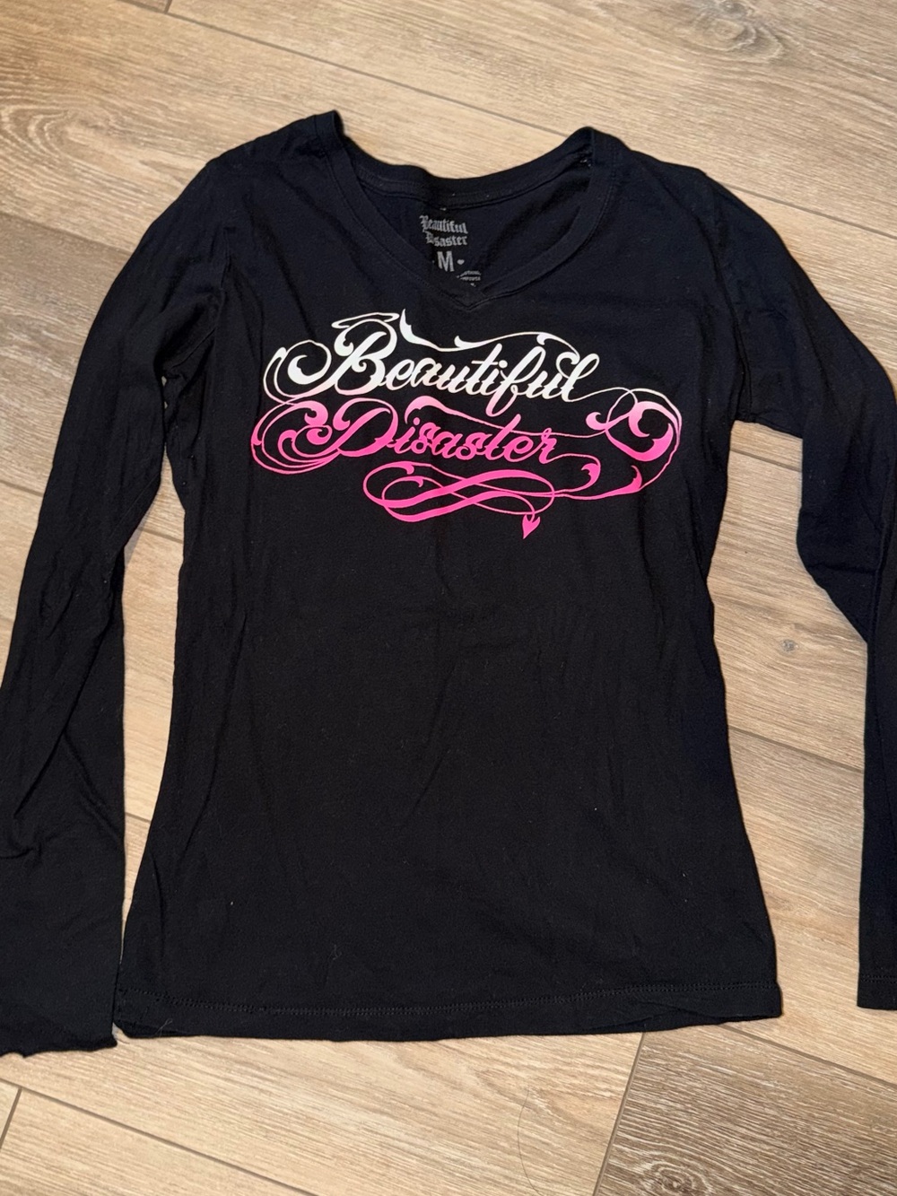 Women's Black Long Sleeve Tee with Pink Script Beautiful Disaster